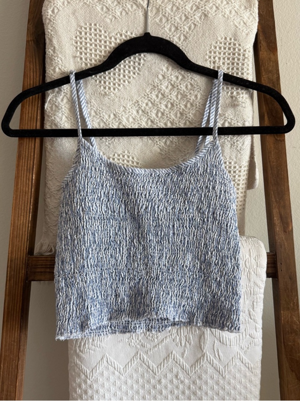Brandy Melville Light Blue & White Smocked Stretchy Cropped Tank Top